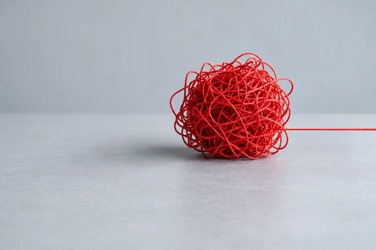 A tangled ball of red string with one end pulled into a perfectly straight line