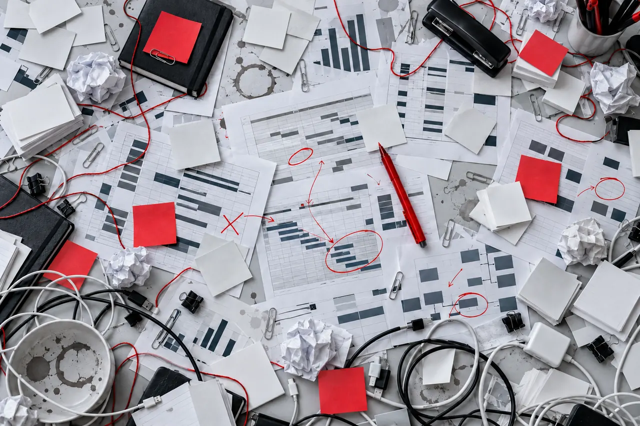 A chaotic desk: overlapping spreadsheets, sticky notes everywhere, tangled cables and loose red string