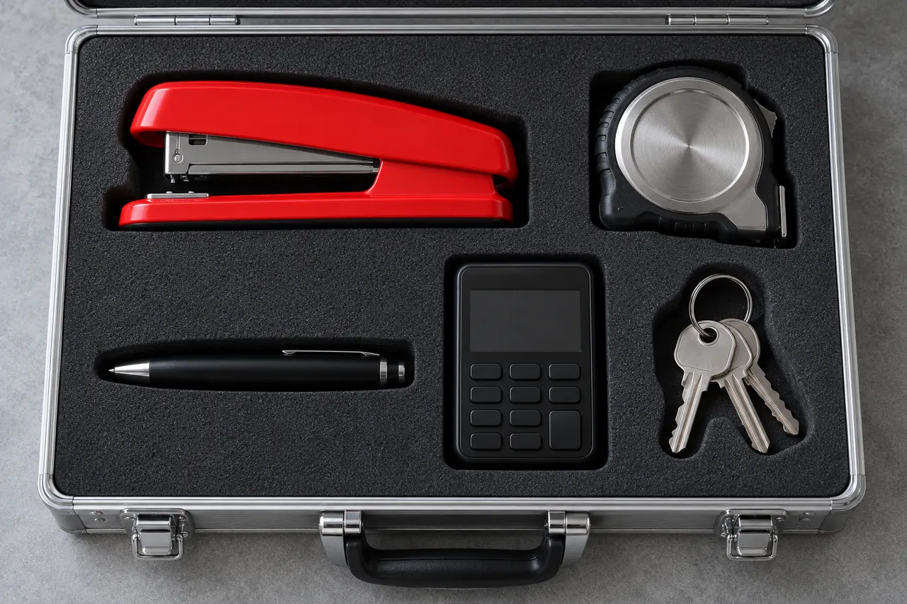 A precision-cut case insert holding everyday office objects, each in its own perfectly fitted cut-out