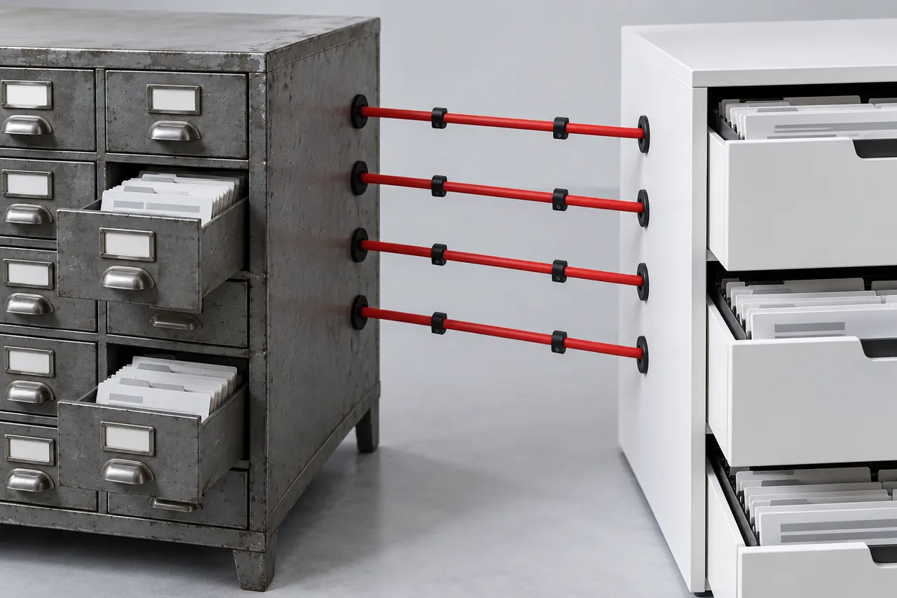 An old card-index drawer and a modern storage unit joined by red cables routed through precise clips
