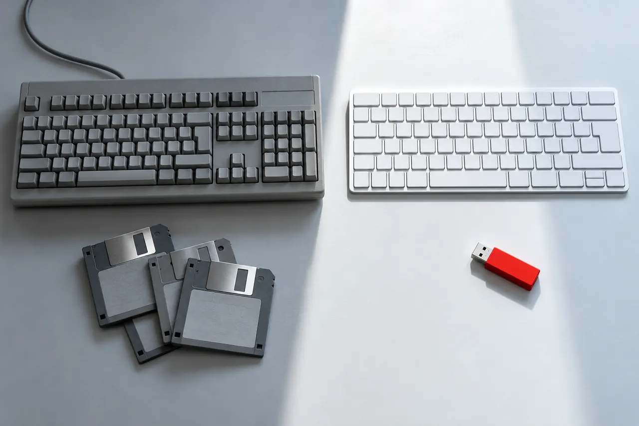 An old beige keyboard and floppy disks beside a sleek modern keyboard and a red USB drive